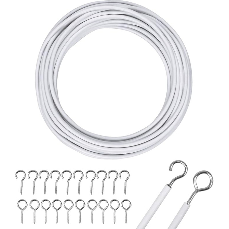Curtain Wire, White, 10 m Curtain Wire, Cord, Curtain Cord, Plastic Coated Curtain Rope, Curtain Ropes with 10 Screw Eyelets and 10 Hooks for Curtains, Shower Curtains, Curtain Rods