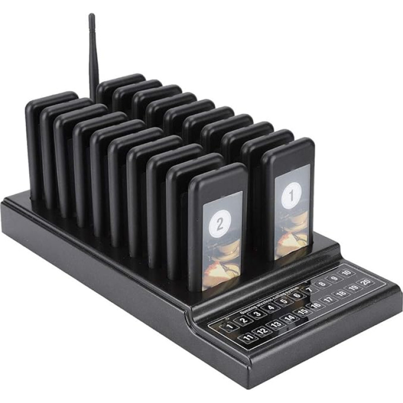 Restaurant Pager System, 20 Channels Wireless Paging Call System Long Distance Pager for Waiting Guests Restaurant Buzzer Pager with 3 Display Modes Vibration/Bee Cue/Vibration + Bee Cue(EU)