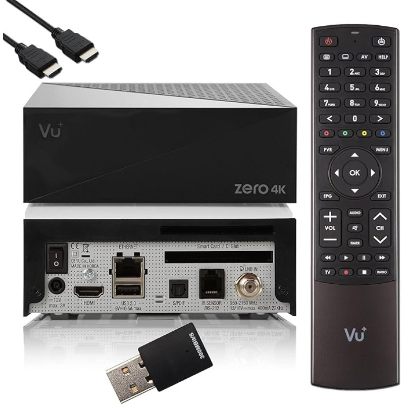 VU Zero 4K - UHD HDR Sat Receiver with 1x DVB-S2X Tuner, E2 Linux Smart Receiver, YouTube, CI + Card Reader, Media Player, HbbTV Media Library, USB, 300Mbit WiFi + EasyMouse HDMI Cable