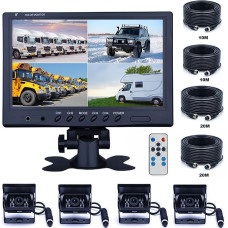 CAMECHO Vehicle Backup Camera - 9 Inch 4 Split Monitor Front View Camera 18 IR Night Vision Waterproof Car Camera with 2 x 33ft and 2 x 20 Cable for RV Trailer Bus Truck