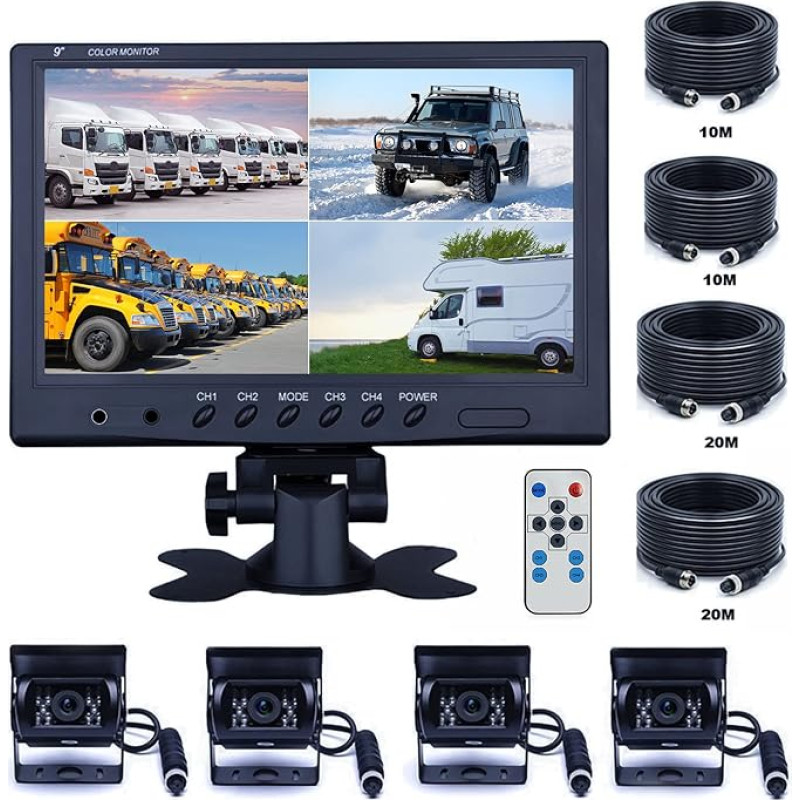 CAMECHO Vehicle Backup Camera - 9 Inch 4 Split Monitor Front View Camera 18 IR Night Vision Waterproof Car Camera with 2 x 33ft and 2 x 20 Cable for RV Trailer Bus Truck