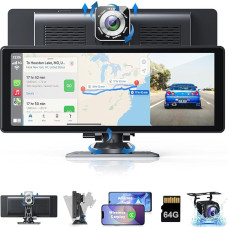 Android Car Screen 10.26 Inch IPS Touch Screen with 4K Dash Cam and Rear View Camera, Support Bluetooth/Siri/Google/GPS/Mirror Link,64G TF Card Included