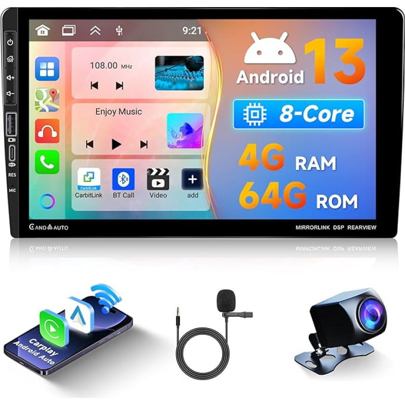 4G + 64G 8 Core Android 13 Car Radio 2 DIN with Wireless Carplay Android Car GPS Navigation WiFi 9 Inch Touchscreen Car Radio with Mirror Link Bluetooth FM/RDS/DAB/OBD/32EQ DSP Steering Wheel Control