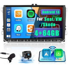 [4+64G] Android Carplay Wireless Car Radio with Sat Nav for VW Golf 5 6 Polo Skoda Passat Wireless Android Car Radio with 9 Inch Touch Display Bluetooth Car Radio with WiFi FM/RDS Microphone Reversing