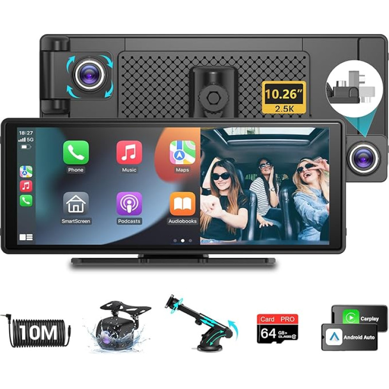 Vtopek Wireless Apple Carplay Android Car Display 10.26 Inch Carplay Display with 2.5K Dash Cam 1080P Rear View Camera Portable Driveplay Carplay with Dual Bluetooth 5.0/Mirror Link/Siri & Google 64G