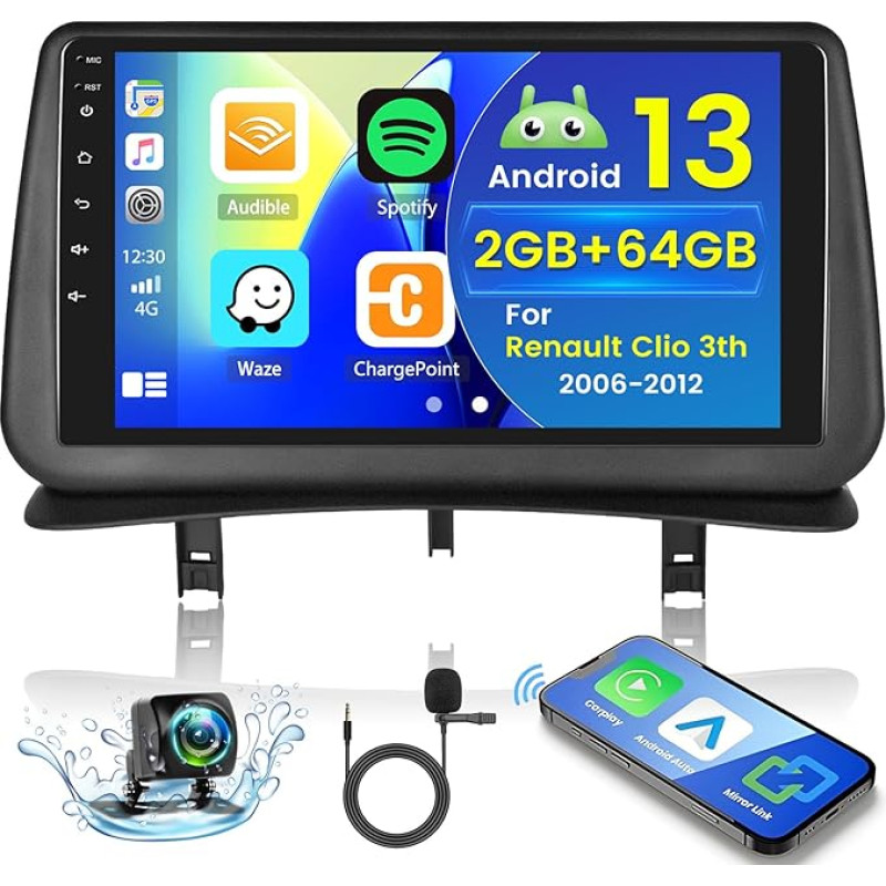 2+64GB Android 13 Car Radio for Renault Clio 3th 2006-2012 Radio Wireless Carplay Android Car, 9 Inch IPS Touch Screen Radio with Reversing Camera, Bluetooth, Navi, WiFi, DSP, EQ, Mirror Link