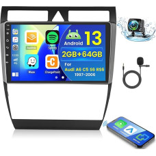 2+64GB Android 13 Car Radio for Audi A6 C5 S6 RS6 1997-2006 Radio Wireless Carplay Android Car, 9 Inch IPS Touch Screen Radio with Reversing Camera, Bluetooth, Navi, WiFi, DSP, EQ, Mirror Link