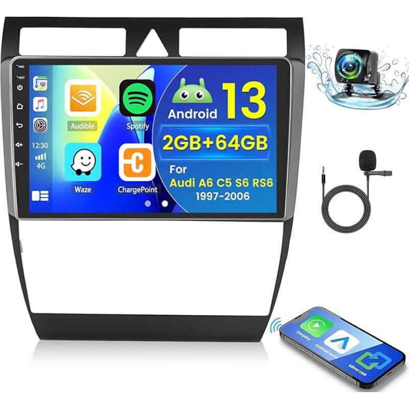 2+64GB Android 13 Car Radio for Audi A6 C5 S6 RS6 1997-2006 Radio Wireless Carplay Android Car, 9 Inch IPS Touch Screen Radio with Reversing Camera, Bluetooth, Navi, WiFi, DSP, EQ, Mirror Link