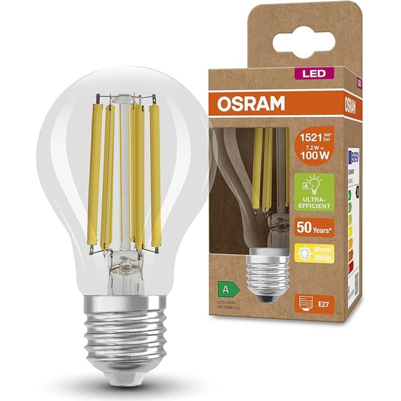 OSRAM LED energiją taupanti lemputė, kaitinamoji lemputė su E27 lizdu, šiltai balta (3000 K), 7,2 W, pakeičia įprastines 100 W lemputes, ypač didelio energijos vartojimo efektyvumo ir taupumo, 6 vnt. pakuotė