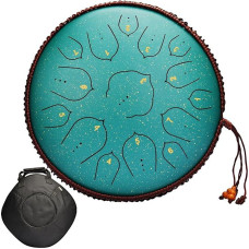 Tongue Drum Green 15 Notes 14 Inch Tongue Drum Large Steel Tongue Drum Steel Hand Drum Percussion Instrument with Carry Bag, Drumsticks and Finger Cover for Yoga, Meditation, Sound Healing