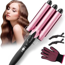 Curling Iron, 3 Barrels Wave Iron, 22 mm Large Wave Iron for Hair, Beach Waves Curlers, Tourmaline Ceramic Curling Iron, Quick Heating with 2 Clips and a Glove (Pink)