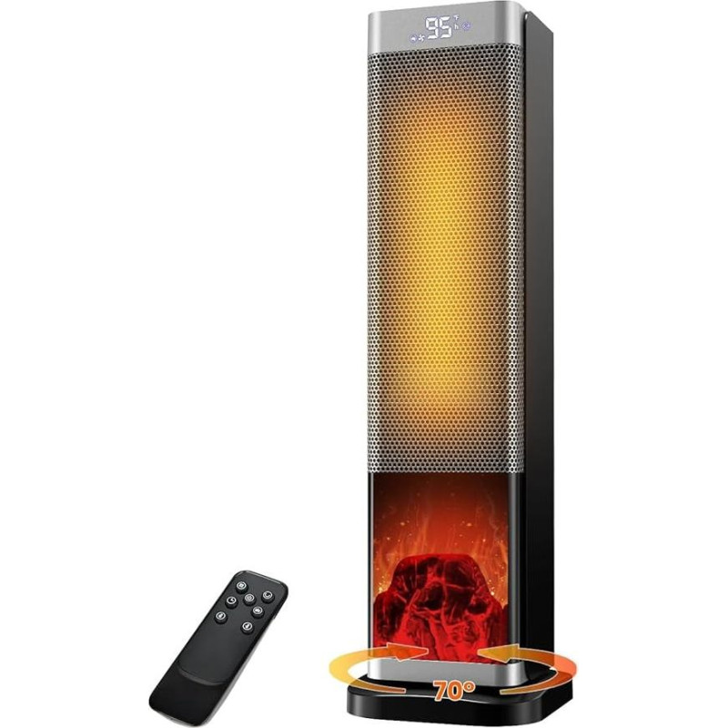Elektrinis šildytuvas, 2000 W bokštinis kambario šildytuvas su nuotolinio valdymo pulteliu, 23 colių elektrinis kambario šildytuvas su 70° osciliacija, 3D liepsna, LED ekranas, Eco režimas, 12 val. laikmatis - patalpų šildymas miegamajame, biure