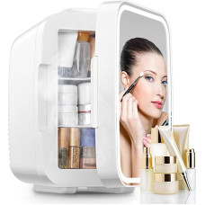 FOHERE 5L Mini Fridge with LED Light Mirror, 220 V AC, Drinks Fridge, Small Skincare Fridge Cooling/Heating Function for Sleep & Living Room, Office Desk, White