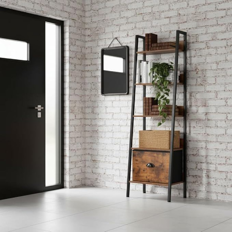 FurnitureR Šiuolaikinė prieškambario komoda su stalčiais ir lentynomis, 141 x 42,5 x 29 cm, senovinė medžio išvaizda ir metalinis rėmas, taupanti erdvę prieškambaryje