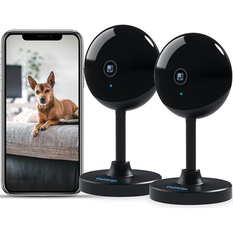 owltron stebėjimo kamera, kūdikių monitorius su kamera, 2K kameros vidaus stebėjimo kamera, šunų kamera su judesio aptikimo funkcija, naktinio matymo funkcija, dvipusio garso funkcija, WLAN kamera šunims ir augintiniams, juoda (2 vnt.)