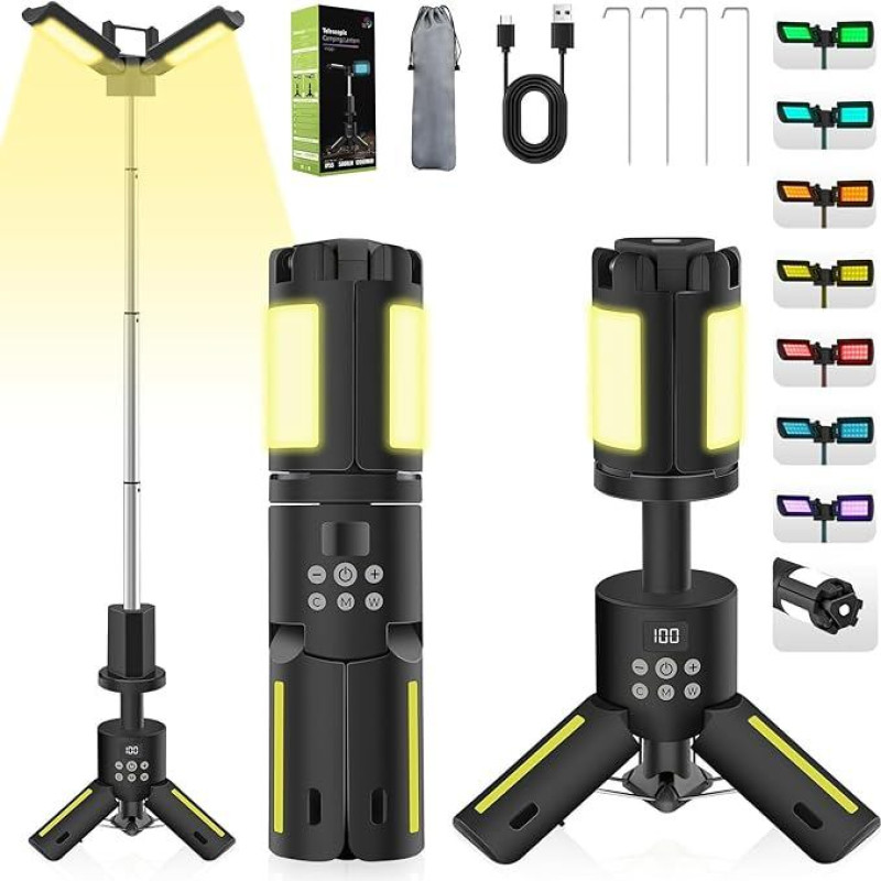 OBEST 12000 mAh LED daugiafunkcinis magnetinis stovyklavimo žibintas, belaidis statybvietės apšvietimas, reguliuojamas palapinės šviestuvas, nešiojamas maitinimo šaltinis su SOS pagalbiniu signalu ir maitinimo indikatoriumi