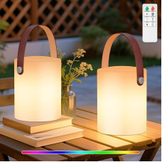 MALUX LED Outdoor Lamp, Set of 2 Battery Outdoor Table Lamp with Remote Control, Warm White, 8 Colours, Waterproof, Ideal Decor for Your Home and Garden, Easter Decoration (Leather Handle)