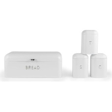 SALTER Boston 4 dalių stalviršio rinkinys - duonos dėžė, arbatos, cukraus, kavos indeliai, ledo baltumo blizgi apdaila su įspaustais užrašais, laikymo indeliai, patvarūs plieniniai indeliai