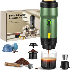 ICARE 3-in-1 nešiojamasis espreso kavos aparatas, baterinis kavos aparatas automobiliui, stovyklavietei, kelionėms ir kelionėms, USB/12 V įkrova automobilyje, stovyklavimo kavos aparatas, mažas, suderinamas su kapsulėmis ir malta kava, žalias