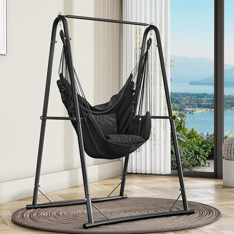 YITAHOME Kabantis krėslas su rėmu, maksimali apkrova 150 kg, tvirtas plieninis rėmas, kabančios sūpynės su pagalvėle, kabantis krėslas su 2 kabliais terasai, balkonui ir sodui