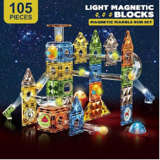 Magnetinės statybinės kaladėlės 105 dalių su magnetiniu marmuro bėgimu, spalvotos, Magna plytelės - Montessori statybinis žaislas