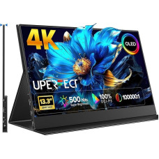 UPERFECT nešiojamasis monitorius 4K OLED 13,3 colių UHD 3840 x 2160 nešiojamasis monitorius | 100000:1 | 500 nitų | 100% DCI-P3 | 1 ms atsakas | itin plonas aliuminio dizainas, kelioninis monitorius kompiuteriui, telefonui, žaidimų konsolei