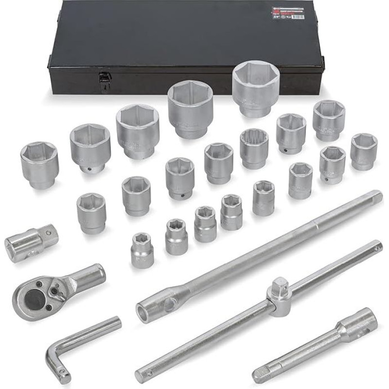 FORCEKRAFT įrankių rinkinys 3 4 colių ir 1 colio 26 dalių, įskaitant 6 laipsnių veržliaraktį Trisatz Ratchet prailgintuvus Adapteris Tvirtas metalinis dėklas, skirtas sunkvežimiams, automobiliams ir pramonei