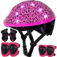 Kids Helmet and Pads, Age 3-5-8, Girls Bicycle Helmet with LED Lights, Adjustable Knee Pads and Elbow Pads, Toddler Protective Gear Set for Kids, Bike, Skateboard