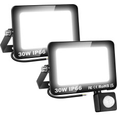 SKYWORLD Pack of 2 LED Spotlight with Motion Sensor Outdoor, 30 W Outdoor Spotlight, Cool White, Super Bright Headlight, LED Floodlight, IP66 Waterproof, Headlight with Motion Sensor for Garden, Patio