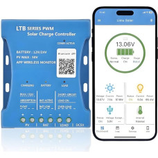 Y&H 20A Bluetooth Controller PV Max 50V Bluetooth Solar Controller 12V/24V Solar Panel Controller Intelligent PWMs for Lead Acid, LiFePO4, Lithium Batteries