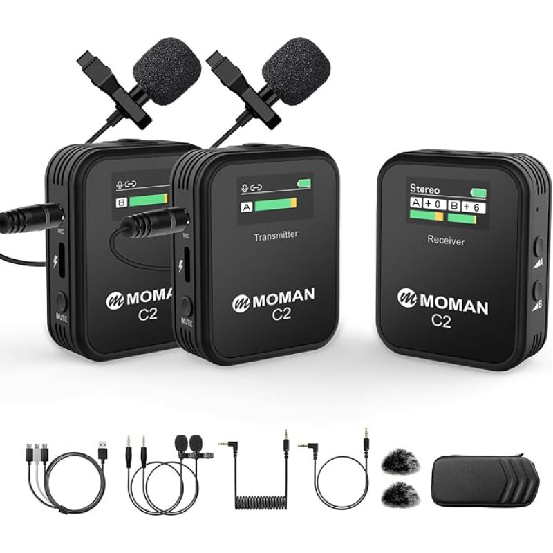 Moman C2X 2,4 GHz belaidis atlošo mikrofonas Lavalier mikrofonas Belaidė sistema iki 100 m DSLR fotoaparatui Vaizdo kamera Canon Sony Nikon Išmanusis telefonas Nešiojamasis kompiuteris