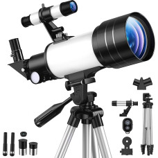 Astronominis teleskopas refraktorius 70/300 mm, FMC didelio pralaidumo, didinimas 15-150 kartų, reguliuojamas trikojis, telefono laikiklis ir 
