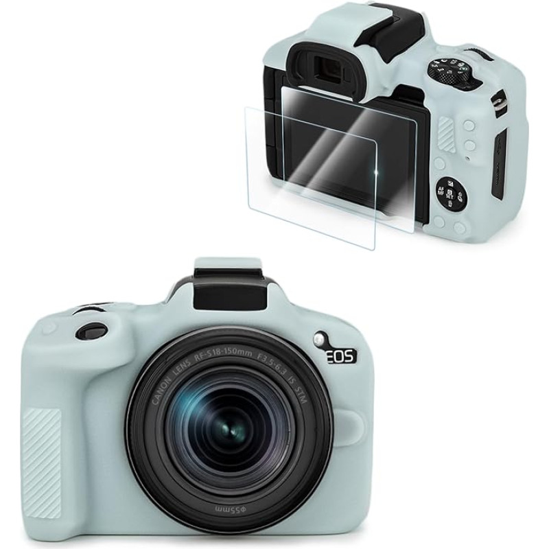 VOVMOEYA Suderinamas su CANON EOS R50 fotoaparato dėklo priedų rinkinys [su 2 LCD grūdintomis plėvelėmis], EOS R50 silikoninis apsauginis fotoaparato dėklas, sustiprintas sukibimas, lengvas 9H 0,25 mm šviesiai žalios spalvos