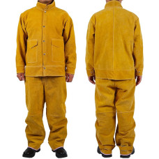 Schwere Leder-Schweißerjacke, Schweißerjacken- und Hosenset aus Leder, hitzebeständig, flammhemmend, gelb, mehrere Größen(L)
