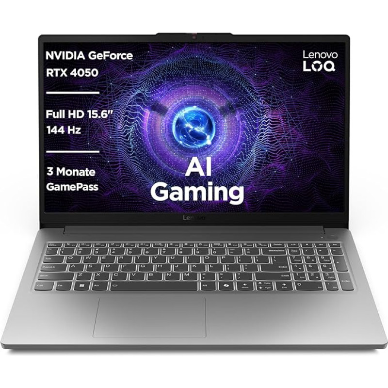 Lenovo LOQ Essential Gaming AI Laptop | 15,6 colių Full HD 144 Hz ekranas | NVIDIA GeForce RTX 4050 | Intel Core i7-12650HX | 16 GB RAM | 1 TB SSD | Win11 | QWERTZ | Luna Grey | 3 mėnesių GamePass