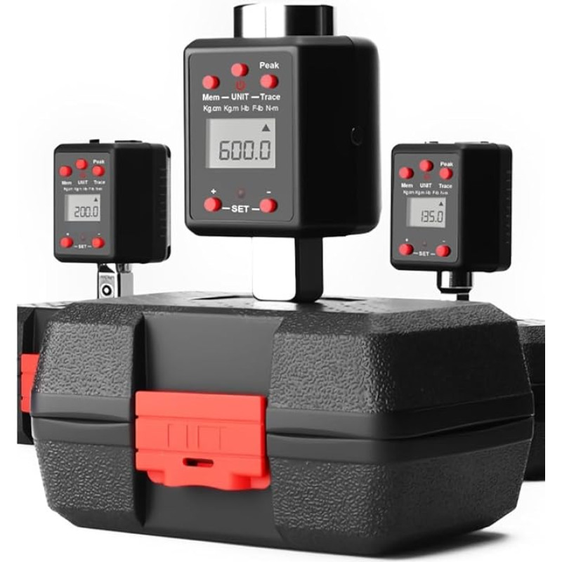 Digitaler Drehmomentschlüssel-Adapter, 1/4 3/8 1/2 3/4 Zoll Antrieb, 13-135 Nm & 60-600 Nm Reichweite, mit Digitalanzeige, Peak/Trace-Modus, hörbar, für Automotive und Heimwerker