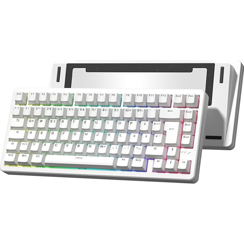 SK75 75% aliuminio belaidė mechaninė klaviatūra ISO DE išdėstymas, iš anksto sutepti POM jungikliai, RGB kreminė žaidimų klaviatūra, 3 režimai BT5.0/2.4G/USB-C, karšto keitimo klaviatūra su plomba, balta