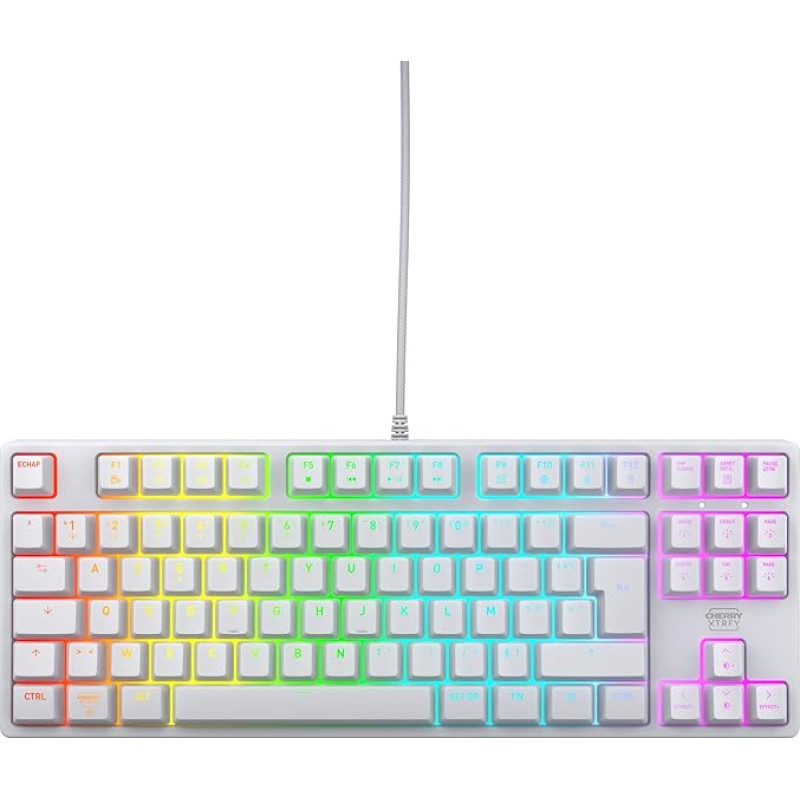CHERRY XTRFY K4V2 TKL laidinė žaidimų klaviatūra be skaičių klaviatūros, prancūziškas išdėstymas (AZERTY), RGB apšvietimas, mechaniniai MX2A RED jungikliai, balta
