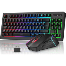 Belaidis žaidimų klaviatūros ir pelės rinkinys, vokiško išdėstymo QWERTZ 75% TKL RGB apšvietimas, įkraunama ergonominė žaidimų pelė, kompaktiška klaviatūra PC, Mac, Xbox, PS5