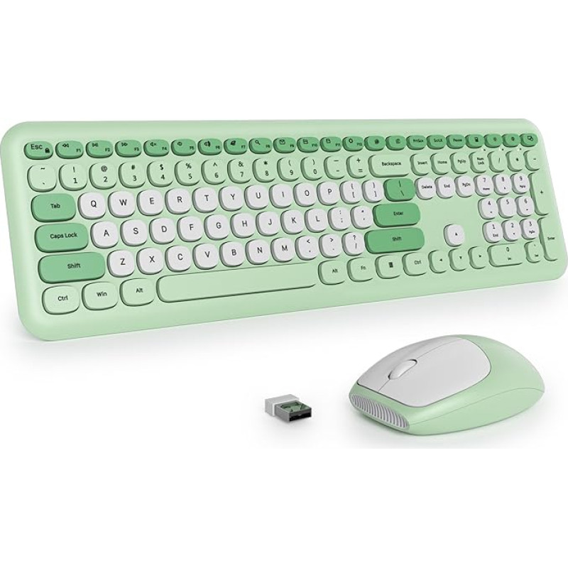Belaidė klaviatūra ir pelė, retro spalvinga klaviatūra su tyliąja pele, amerikietiška QWERTY, miela belaidė rašomosios mašinėlės klaviatūra, USB 2,4 GHz, skirta kompiuteriui 666pro-Green