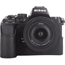MUZIRI KINOKOO dėklas, suderinamas su Nikon Z50 II skaitmeniniu fotoaparatu, aukščiausios kokybės natūralios odos retro stiliaus pusiau korpuso apsauginis dėklas su dugno atidarymu ir rankena, juodas