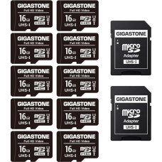 GIGASTONE 16GB MicroSDHC atminties kortelė, 10 vnt. + SD adapteris veiksmo kamerai, 