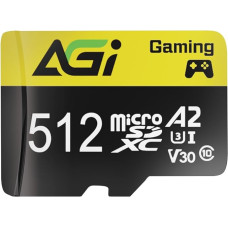 AGI TF138 Micro SD kortelė 512 GB atminties kortelė su adapteriu, MicroSDXC, UHS-I, A2, U3, V30, skaitymo greitis iki 98 MB/s, skirta dronams / prietaisų kameroms / fotoaparatams / telefonams / perjungikliams / kompiuteriams / planšetiniams kompiuteriams