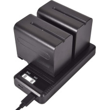 DSTE NP-F970 įkraunamas akumuliatorius (2 pakuotės) ir išmanusis LED dvigubas USB įkroviklis, suderinamas su 