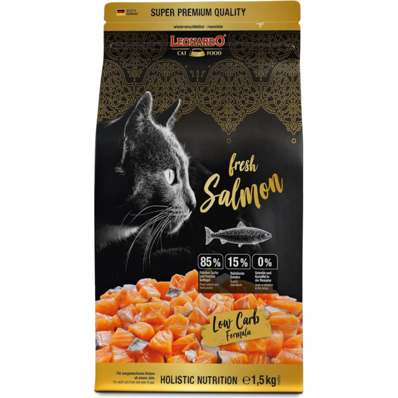 LEONARDO Fresh Salmon & Poultry [1,5 kg] kačių ėdalas, sausas ėdalas su 85 % šviežios mėsos katėms, visavertis ėdalas suaugusioms visų veislių katėms nuo 1 metų