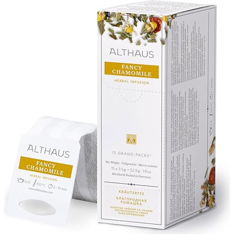 Althaus Tea Fancy Chamomile ⋅ Žolelių arbata dideliame arbatos tinklelyje ⋅ Didžioji pakuotė ⋅ Ramunėlių arbata su cinamono natomis ⋅ 15 x 3,3 g
