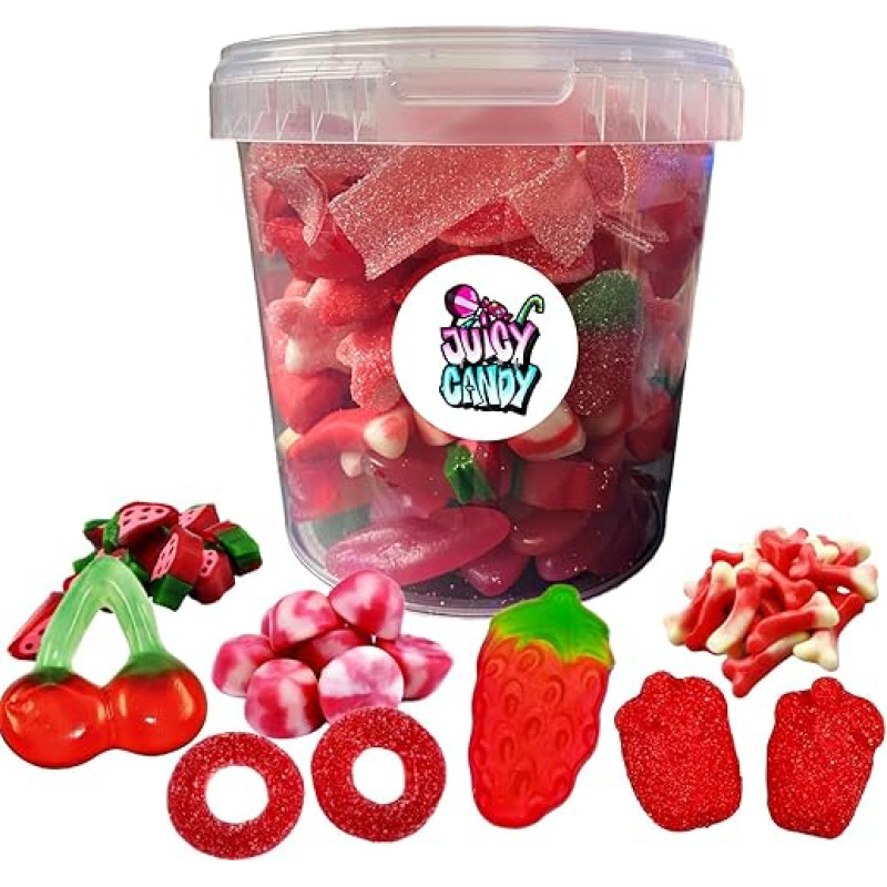 Raudonasis saldainių mišinio kibirėlis 500 g - raudonos spalvos vaisių guminukai iš viso pasaulio | Party Mix Gummy Bears & Sweets | Saldainių dėžutė | Saldainių dėžutės dovanų idėja vaikams ir suaugusiesiems