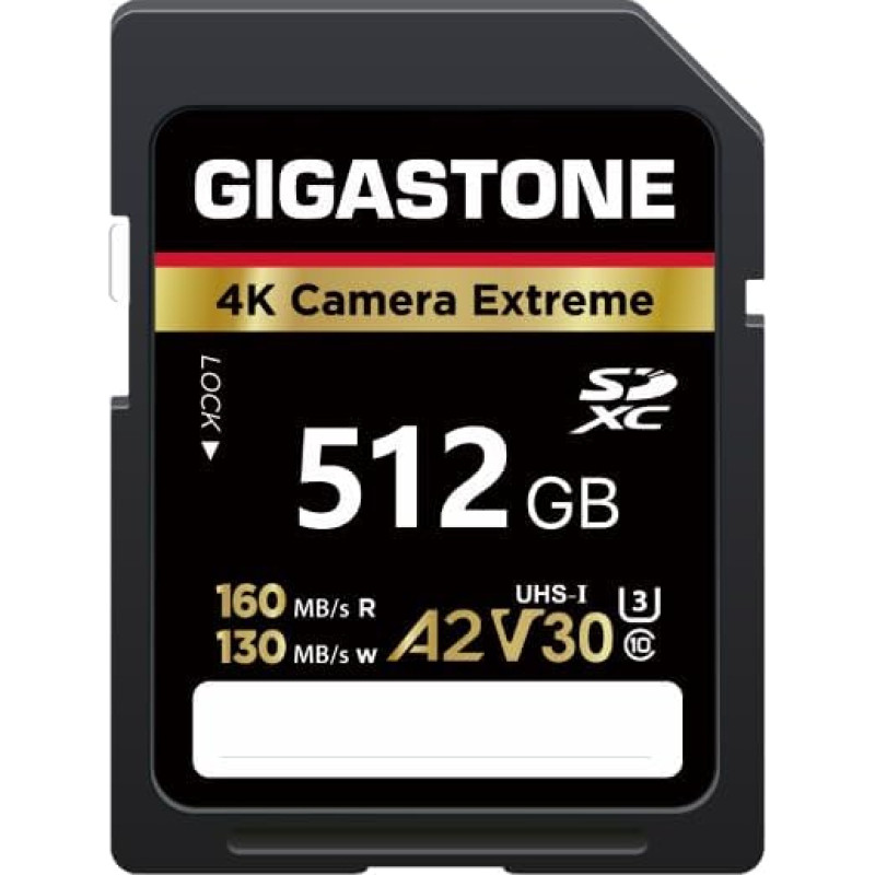 GIGASTONE A2 V30 SDXC atminties kortelė 512GB 4K Extreme Series Speed 160MB/s suderinama su Canon Panasonic U3 UHS-I Class 10, skirta 4K UHD vaizdo įrašams + 1 mini dėklas
