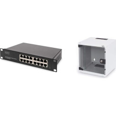 DIGITUS Gigabit Ethernet tinklo komutatorius - 16 prievadų - nevaldomas - 10 colių juoda ir tinklo spinta - 6U - montuojamas ant sienos - pilkas