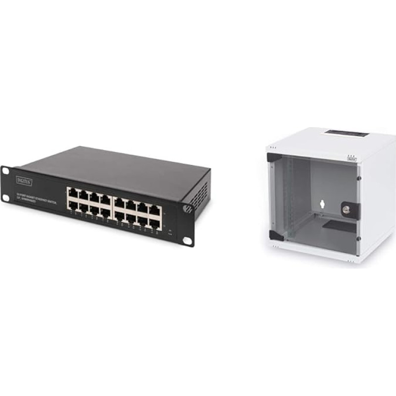 DIGITUS Gigabit Ethernet tinklo komutatorius - 16 prievadų - nevaldomas - 10 colių juoda ir tinklo spinta - 6U - montuojamas ant sienos - pilkas